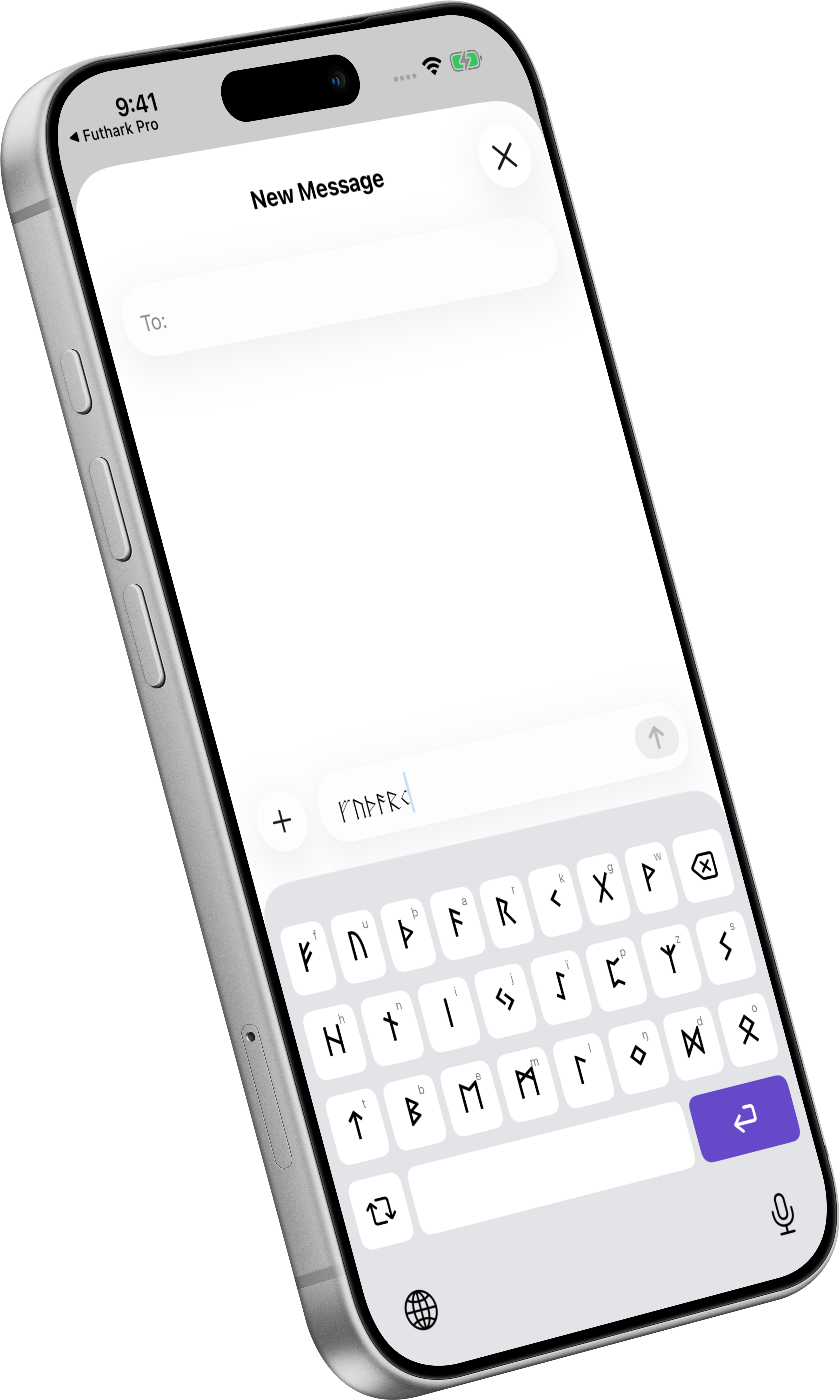 Futhark rune keyboard open in Messages inside an iPhone mockup